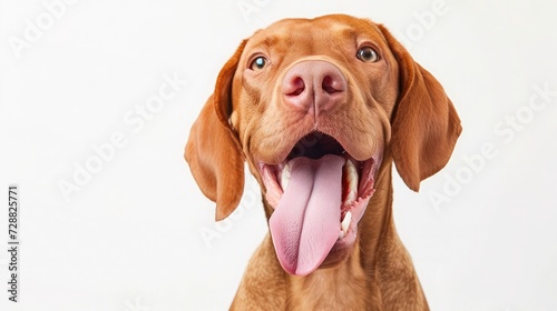 funny dog shows tongue. Hungarian vizsla on a white background