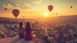Hot air balloon flying over spectacular Cappadocia - Girls watching hot air balloon