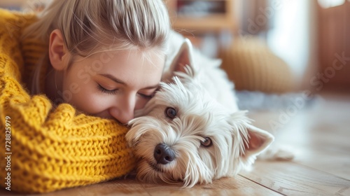 Kind female person and faithful small terrier snuggling to each other with heads while staying on wooden floor at home. Affectionate woman and cuddly Westie enjoying bonding interaction on sunny