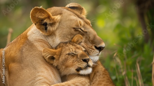 Lioness mother with young cub snuggling