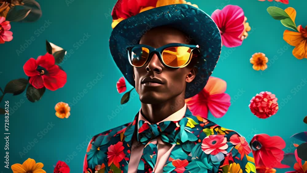 Man male person portrait wearing colorful jacket and sunglasses on bold blooming floral abstract background in pop art avant garde style. Contemporary fashion concept