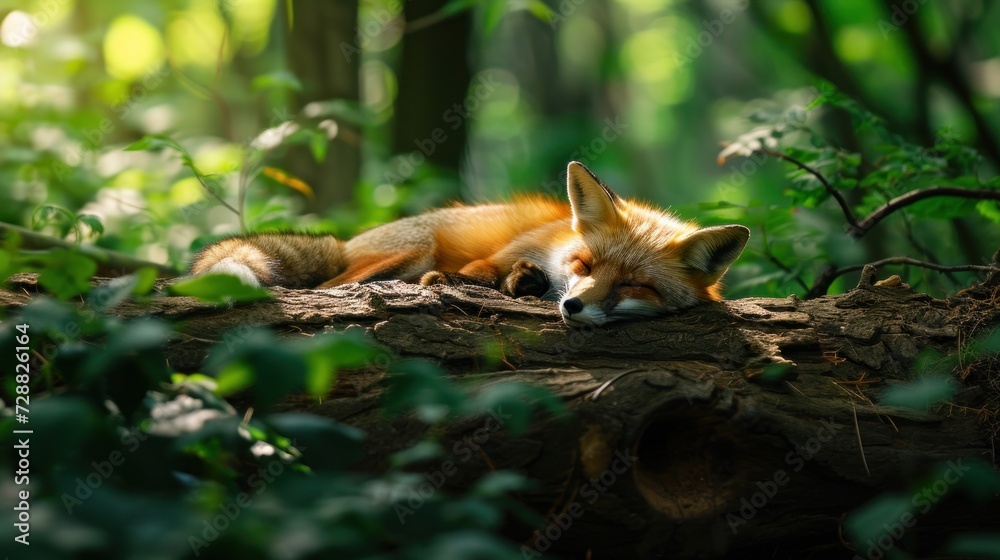 a close up of a fox laying on a log in the middle of a forest with lots of leaves on the ground and a tree trunk in the foreground.