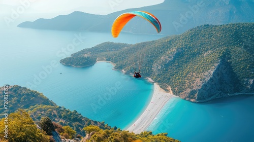 Fototapeta Naklejka Na Ścianę i Meble -  Paraglider flying on Oludeniz beach in Fethiye, Mugla. Travel destination. Summer and holiday concept.
