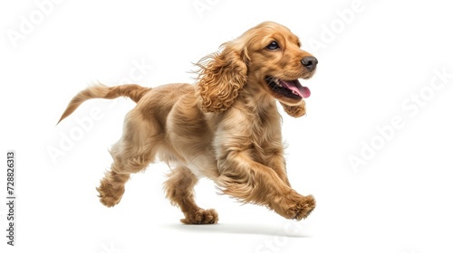 Pure youth crazy. English cocker spaniel young dog is posing. Cute playful white-braun doggy or pet is playing and looking happy isolated on white background. Concept of motion, action, movement.