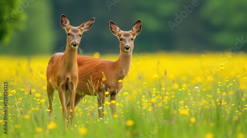 Roe deer, capreolus capreouls, couple int rutting season staring on a field with yellow wildflowers. Two wild animals standing close together. Love concept.