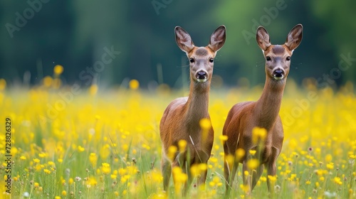 Roe deer, capreolus capreouls, couple int rutting season staring on a field with yellow wildflowers. Two wild animals standing close together. Love concept.