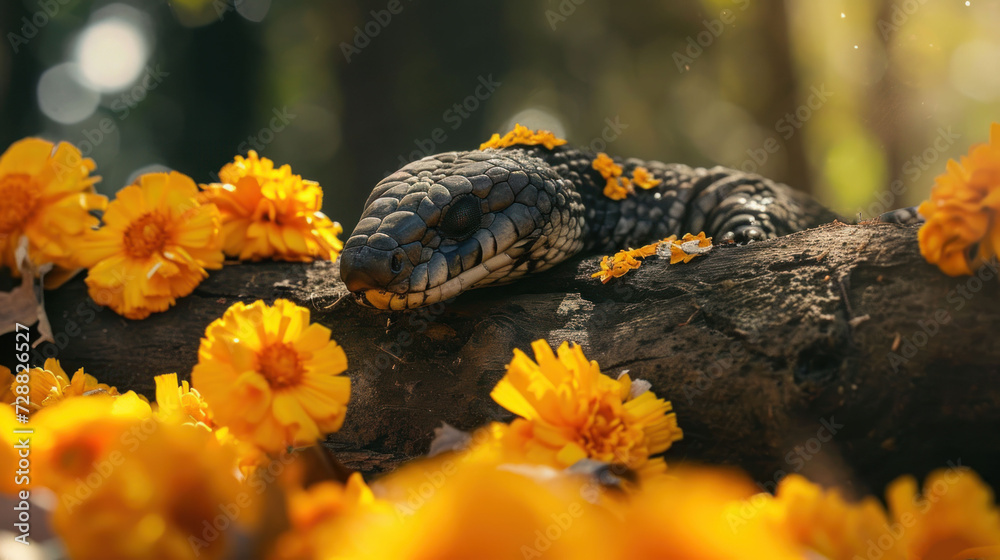  a close up of a snake laying on a tree branch with yellow flowers in the foreground and a blurry background of leaves and flowers in the foreground.