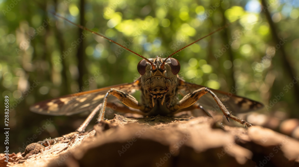 a close - up of a bug on a rock in the middle of a forest with lots of trees in the background and a blurry sky in the foreground. a close - up of a bug on a rock in the middle of a forest with lots of trees in the background and a blurry sky in the foreground.