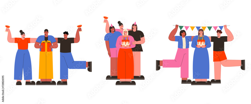 Diverse people celebrating Birthday Party. Corporate Party vector flat illustration. Men and women celebrating an event. Diverse people celebrating Birthday Party. Corporate Party vector flat illustration. Men and women celebrating an event.