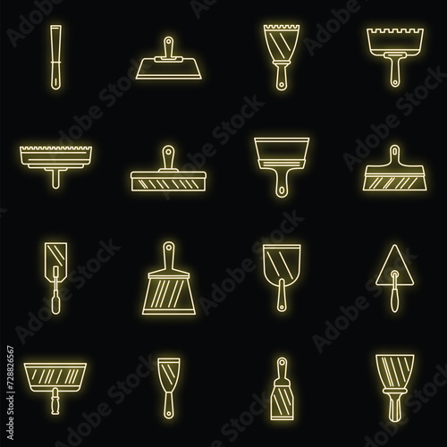 Construction putty knife icons set. Outline set of construction putty knife vector icons neon color on black