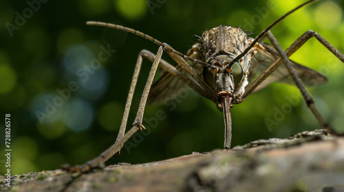  a close - up of a mosquito on a branch with a blurry background of leaves and branches in the foreground, with a blurry background of green foliage.