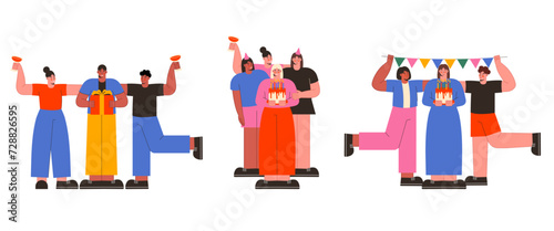 Diverse people celebrating Birthday Party. Corporate Party vector flat illustration. Men and women celebrating an event. © Khrystyna Dmytryshyn