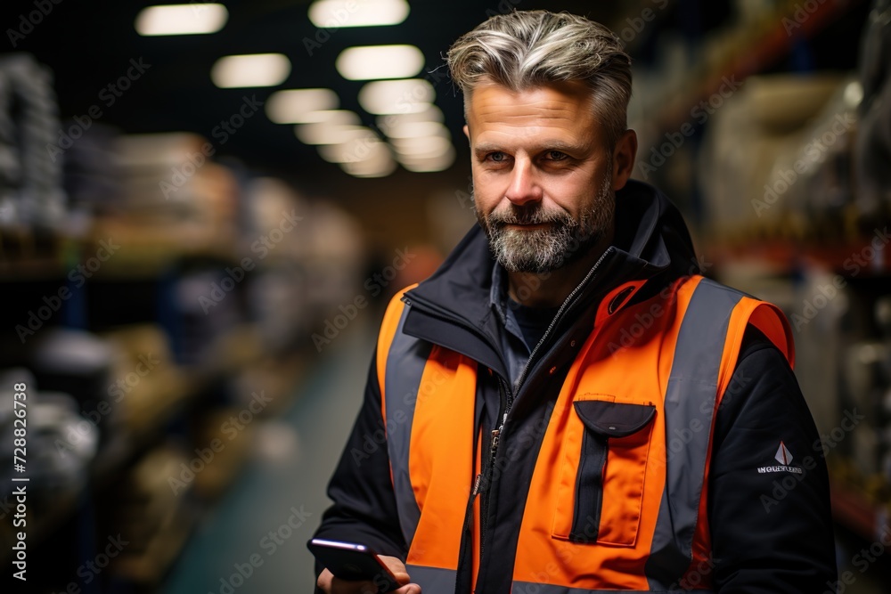 Product Inspection: A Salesman in a Hardware Warehouse Stands Ready, Scanning Products to Ensure Quality and Availability for Discerning Customers