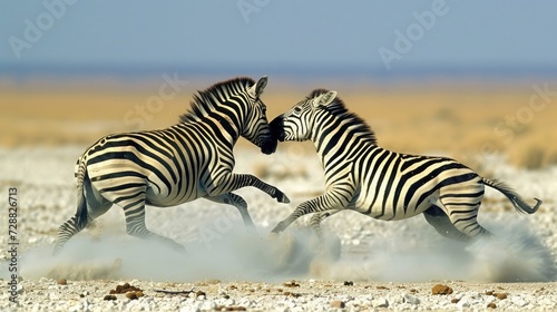 Two plains zebra stallions fighting and kicking