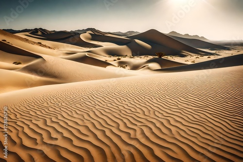 A surreal desert landscape with sand dunes sculpted by the wind, creating an otherworldly scene