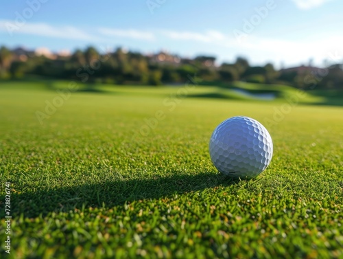 white golf ball on golf pin green grass near hole with golf course background.