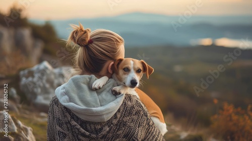 woman embracing sweetly his dog while looking the view