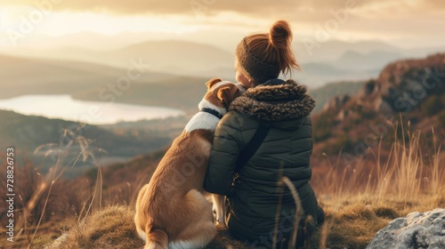 woman embracing sweetly his dog while looking the view