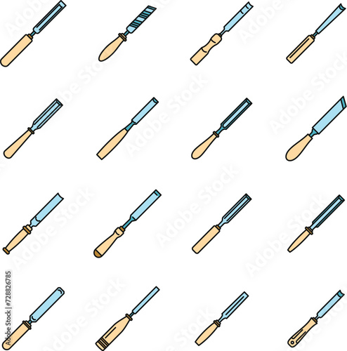 Carpenter chisel icons set. Outline set of carpenter chisel vector icons thin line color flat on white