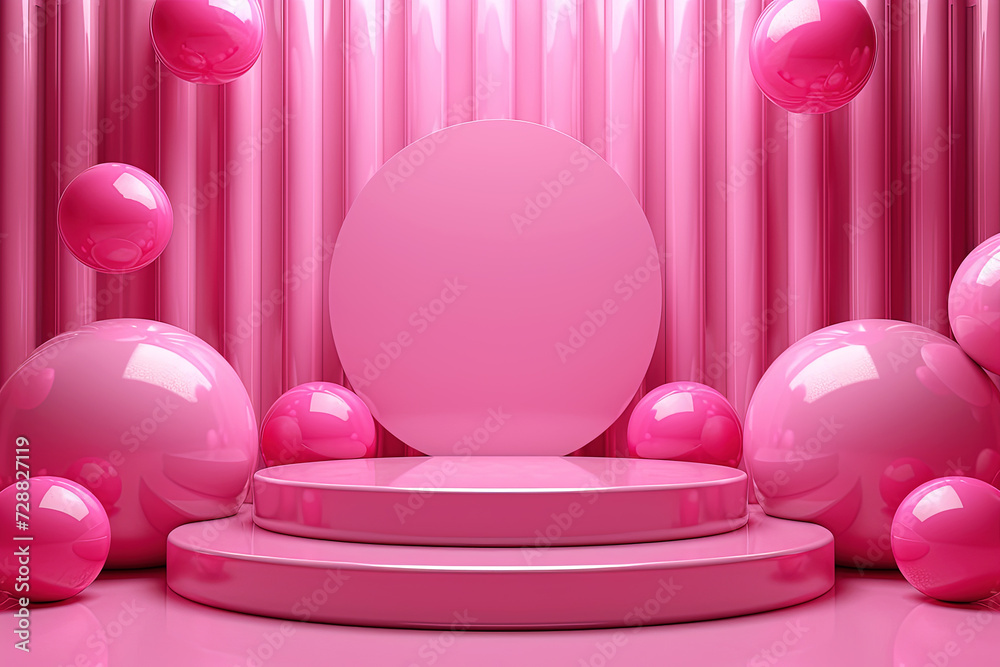 Abstract background in a minimalistic style with a podium in pink colors. Empty pedestal for product display with pink shape Abstract background in a minimalistic style with a podium in pink colors. Empty pedestal for product display with pink shape