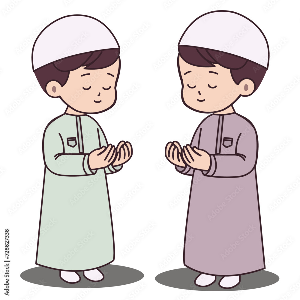 Cute muslim boy praying with open hands, Ramadan kareem, muslim kids vector illustration, muslim drawing Cute muslim boy praying with open hands, Ramadan kareem, muslim kids vector illustration, muslim drawing