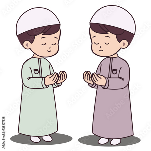 Cute muslim boy praying with open hands, Ramadan kareem, muslim kids vector illustration, muslim drawing