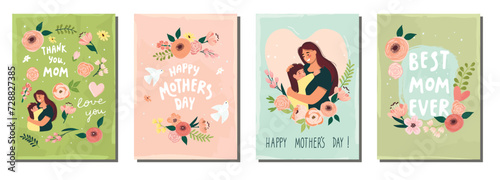 Mother's Day greeting card collection with mom and child illustration,hand lettering,birds and flowers.Cartoon background set with floral composition and cute characters. Abstract templates,cover.