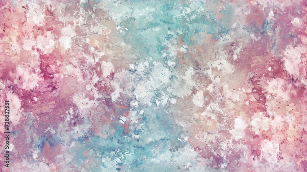  a painting of pink, blue, and white paint on a pink and blue background with lots of small white dots on the left side of the top of the painting.