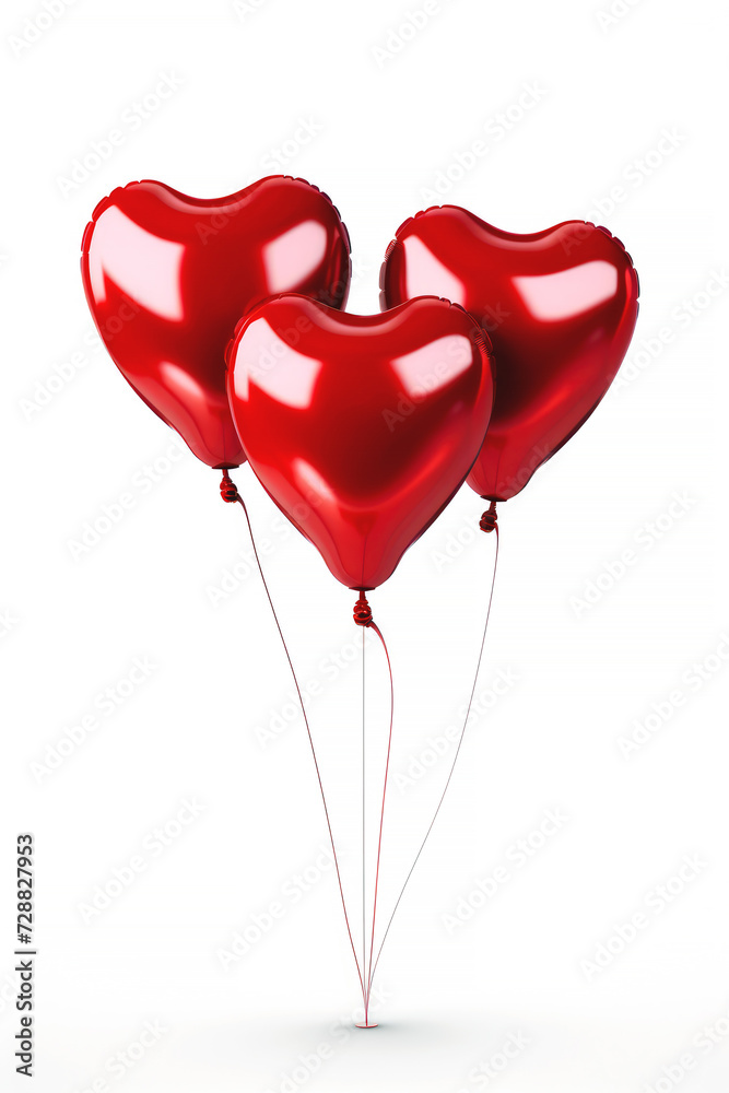 A floating bouquet of red heart shaped balloons on a white background.