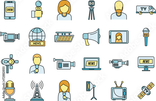 TV presenter interview icons set. Outline set of TV presenter interview vector icons thin line color flat on white