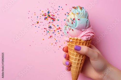 Ice cream with sprinkles in waffle cone in female hand
