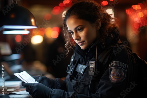 Behind the Scenes: A Female Police Officer in Uniform Concentrates on Her Computer Tasks, Supporting Law Enforcement Operations from the Police Station © Boris
