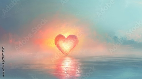  a painting of a heart in the middle of a body of water with the sun reflecting off of the water and the sky in the background of the water is fog.