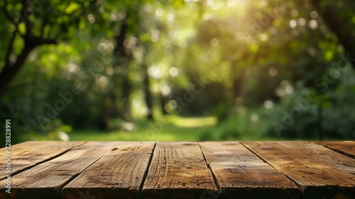 wooden table and blurred green background 