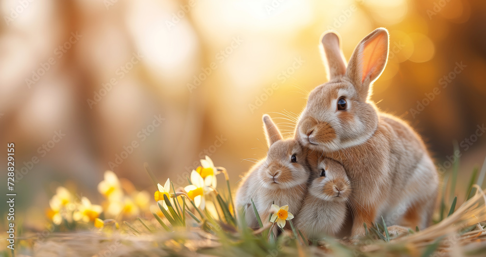 Tender Embrace in Twilight: A Mother Rabbit and Her Kit Amidst Daffodils. Free Copy Space. AI Generative.