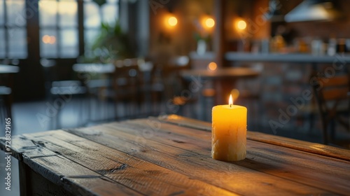  a lit candle sitting on top of a wooden table in front of a table with chairs and a table cloth on top of a wooden table in front of a restaurant.