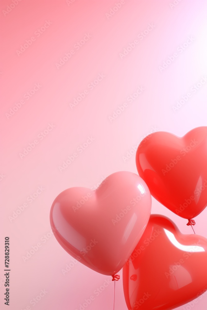Three romantic glossy heart balloons on a soft pink background, perfect for Valentine's and love-themed designs