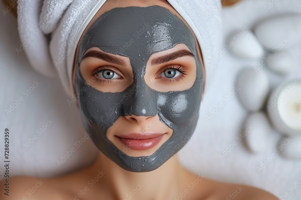 Beautiful woman applying facial mask at beauty spa salon