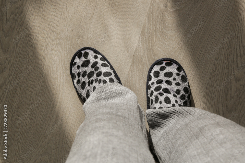 Woman wearing grey home slippers and standing on hardwood flooring in apartment - obrazy, fototapety, plakaty 