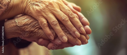 Family support concept with Help and care hands for the elderly life. AI generated image photo