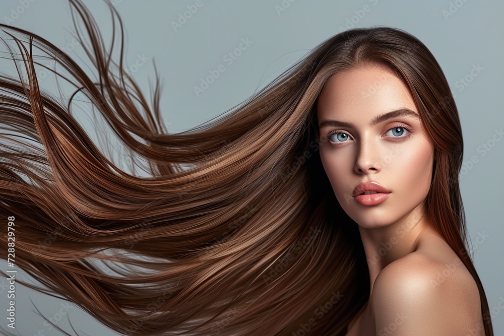 Cute charming pretty woman with silky long straight flying hair Cute charming pretty woman with silky long straight flying hair