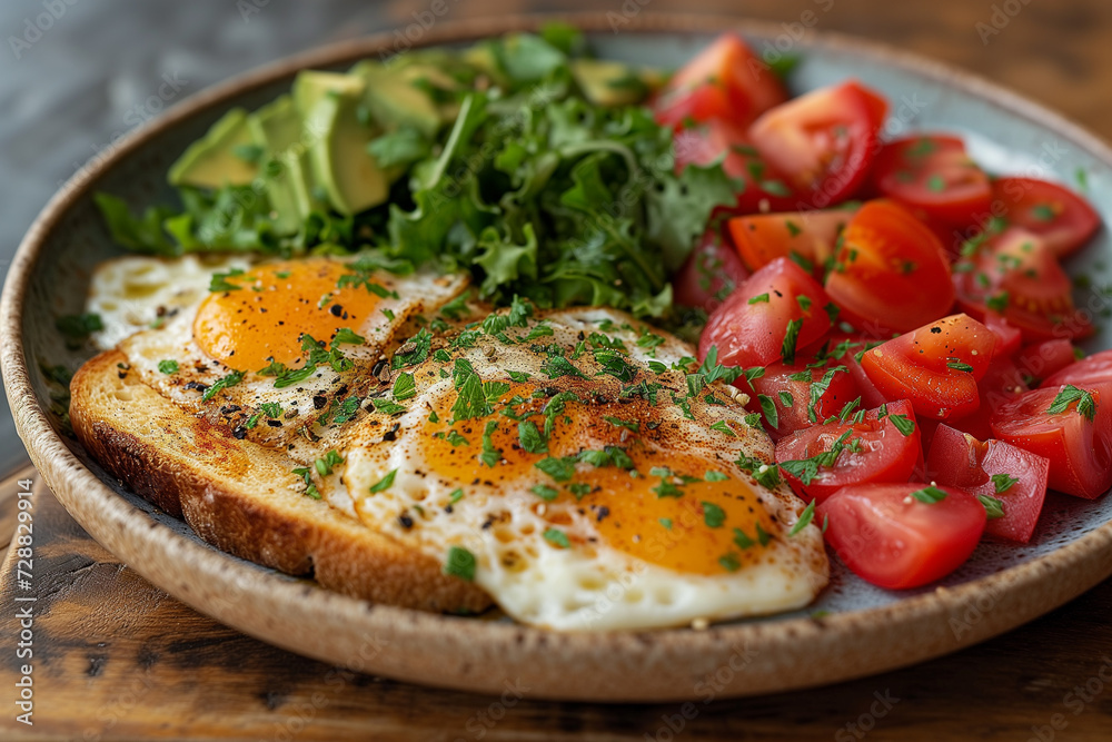 Breakfast with eggs on toast, fresh tomato cubes and avocado slices on table Breakfast with eggs on toast, fresh tomato cubes and avocado slices on table