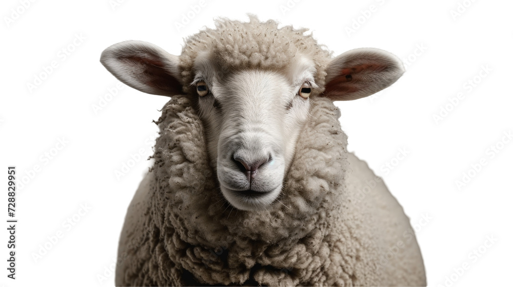 Fototapeta premium A sheep's portrait with a focus on its woolly fleece on a transparent backdrop.