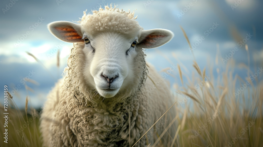 A woolly sheep stands serenely in a golden meadow.