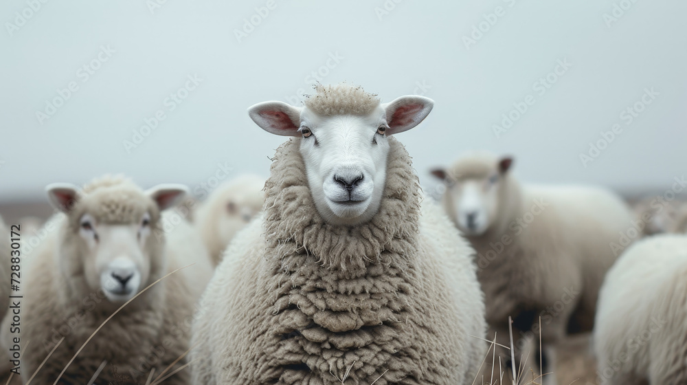 Obraz premium A serene sheep in focus with a flock in the background on a misty day.