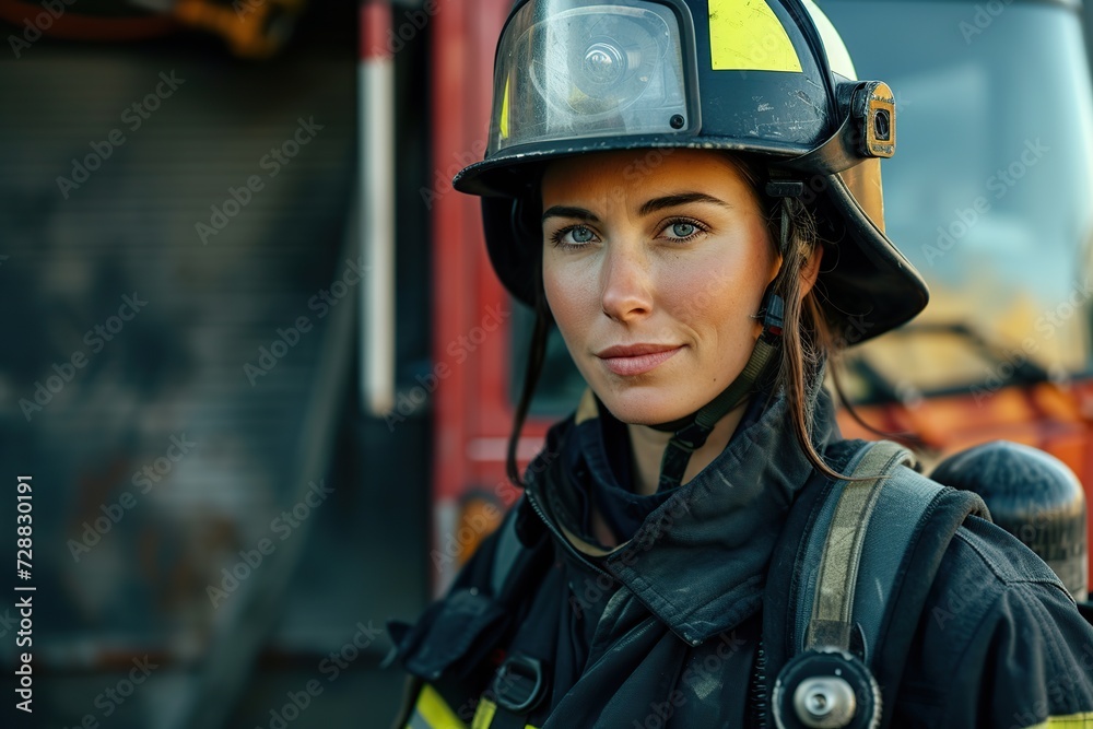 Portrait of firefighter woman in uniform and helmet standing near fire engine Portrait of firefighter woman in uniform and helmet standing near fire engine
