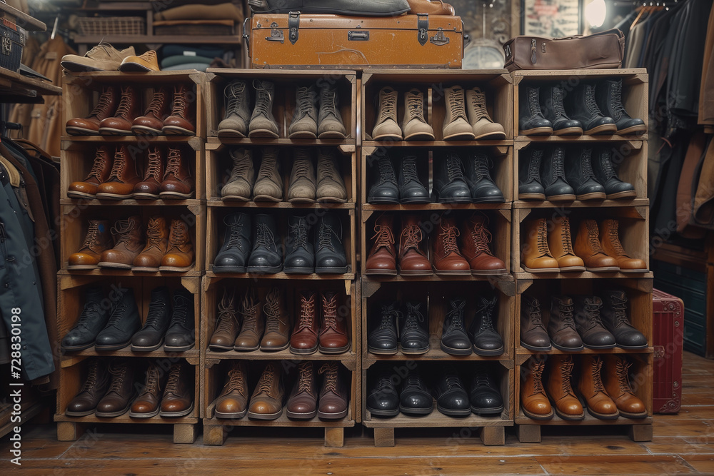 Various boots displayed in an old fashioned shoe shop 