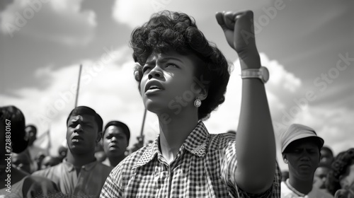 Black Woman Raising Fist at 1960s Civil Rights Demonstration