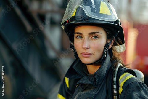 Portrait of firefighter woman in uniform and helmet standing near fire engine © Alina