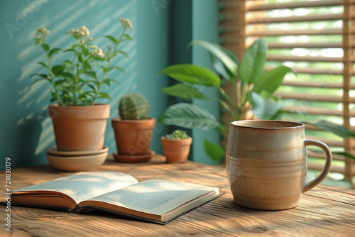 Reading at home with a cup of drink and house plants on table